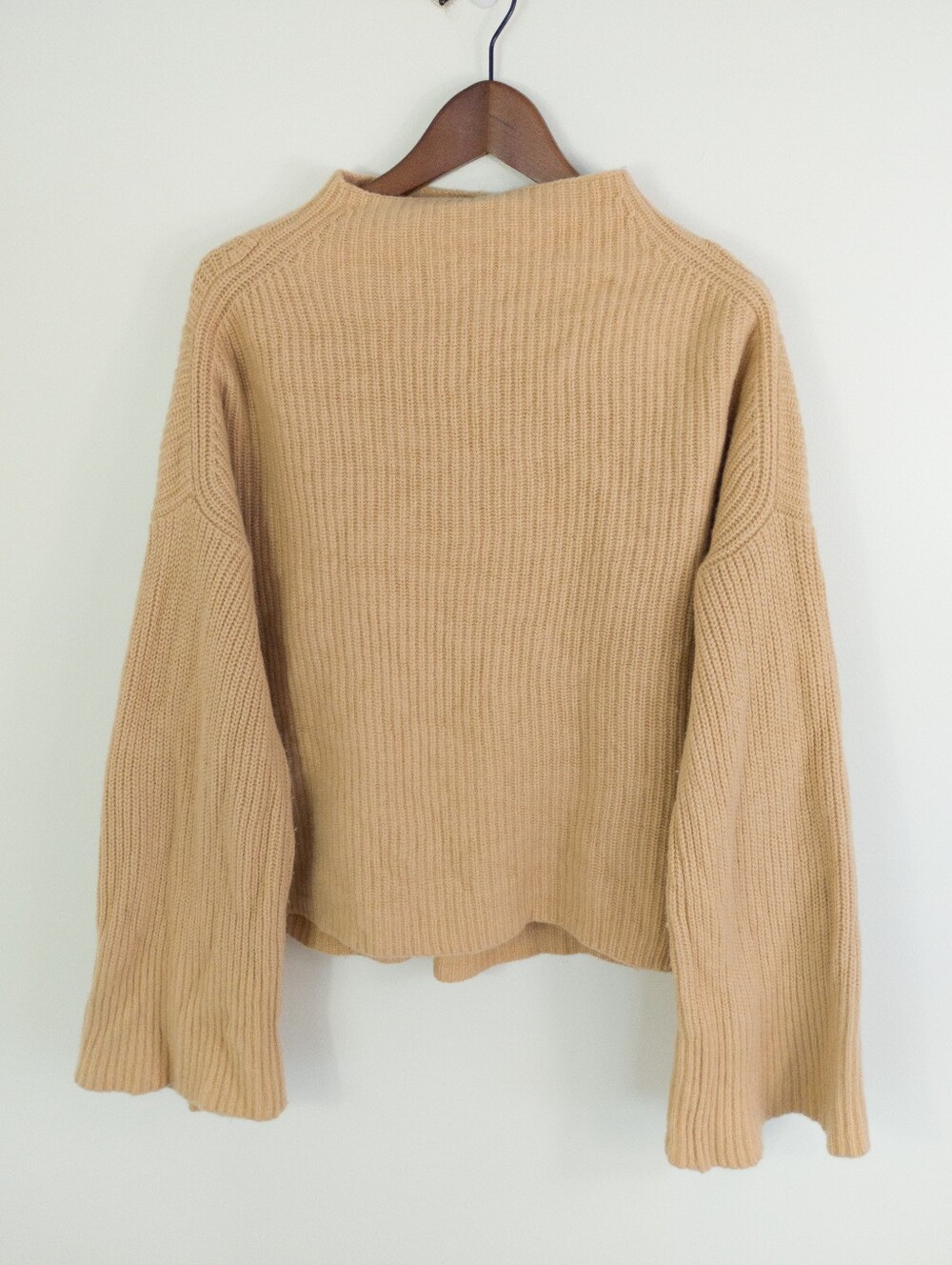 A.L.C. Louise Ribbed 100% Merino Wool Mock Neck Sweater Camel Tan Large